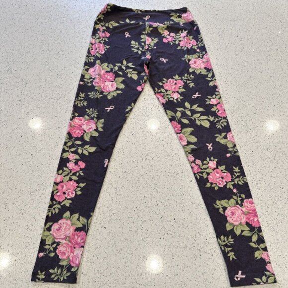 Lularoe Leggings OS Pink Roses Ribbon on Purple Breast Cancer Awareness BCA RARE - Picture 4 of 6
